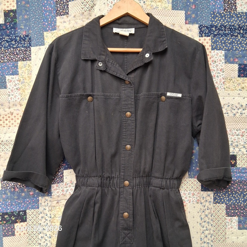 Vintage Ideas Denim Jumpsuit Womens Size Large Black Pleated Romper 3/4 Sleeve
